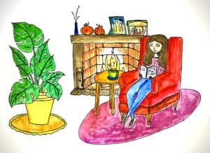 A drawing of a lady sitting on a red chair by the fire, reading her book.
