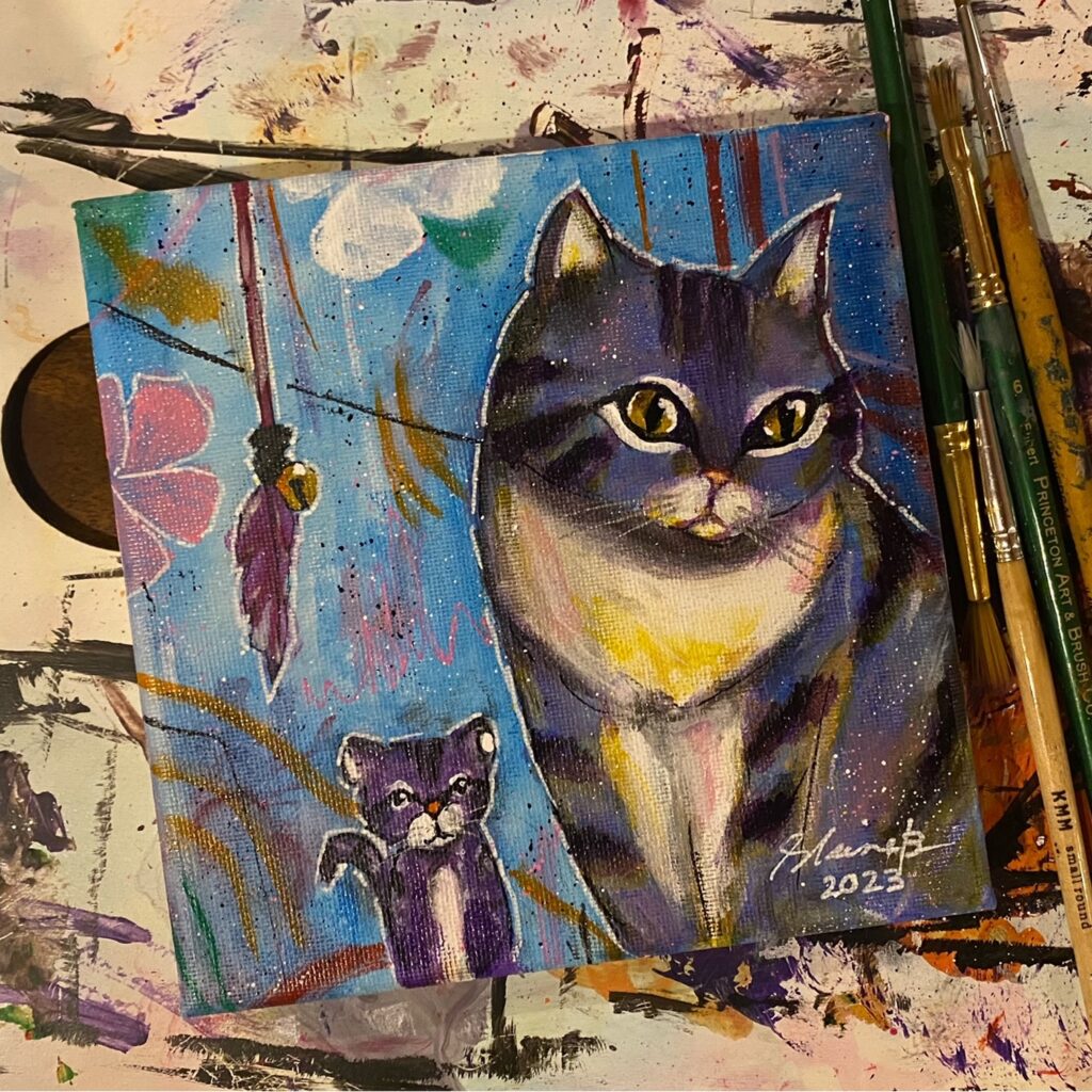 Painting of a cat sitting next to its stuffed toy cat.