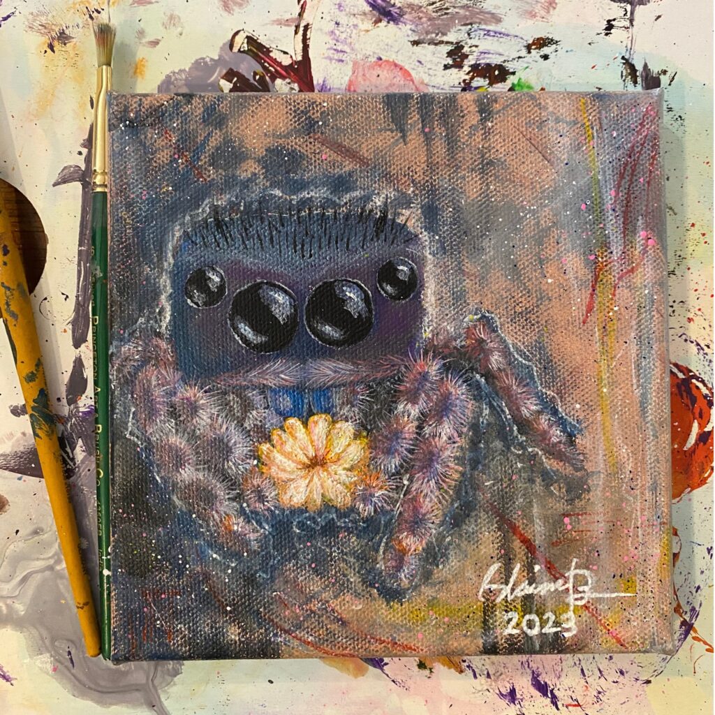 Painting of a jumping spider holding a flower.