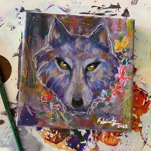 Colorful painting of a wolf.