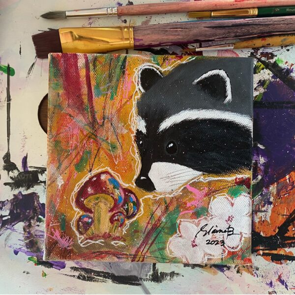 Painting of a raccoon curiously sniffing at mushrooms.