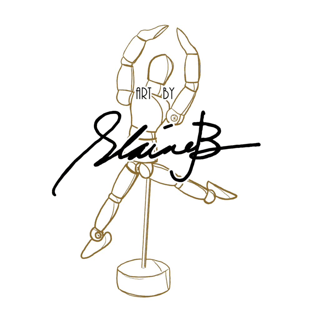 Logo of Art by Elaine B with a wooden mannequin in leap pose in the background.