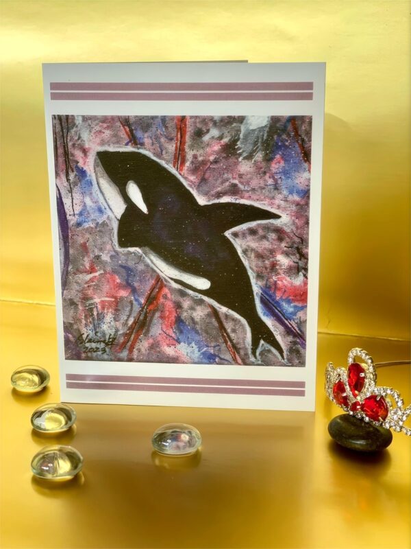 Greeting card with an image of a painted orca.